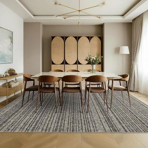 Hasoo Area Rug 9' x 12' Rugs for Dining Room Modern Striped Rugs for Living Room Printed Braid Indoor Carpet Soft Lightweight Washable Gray Rugs
