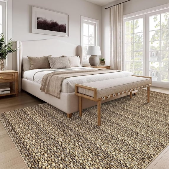 Hasoo Area Rug 9' x 12' Rugs for Living Room Chic Imitation Braided Print Soft Velvet Rug Non Slip Carpet for Bedroom, Brown