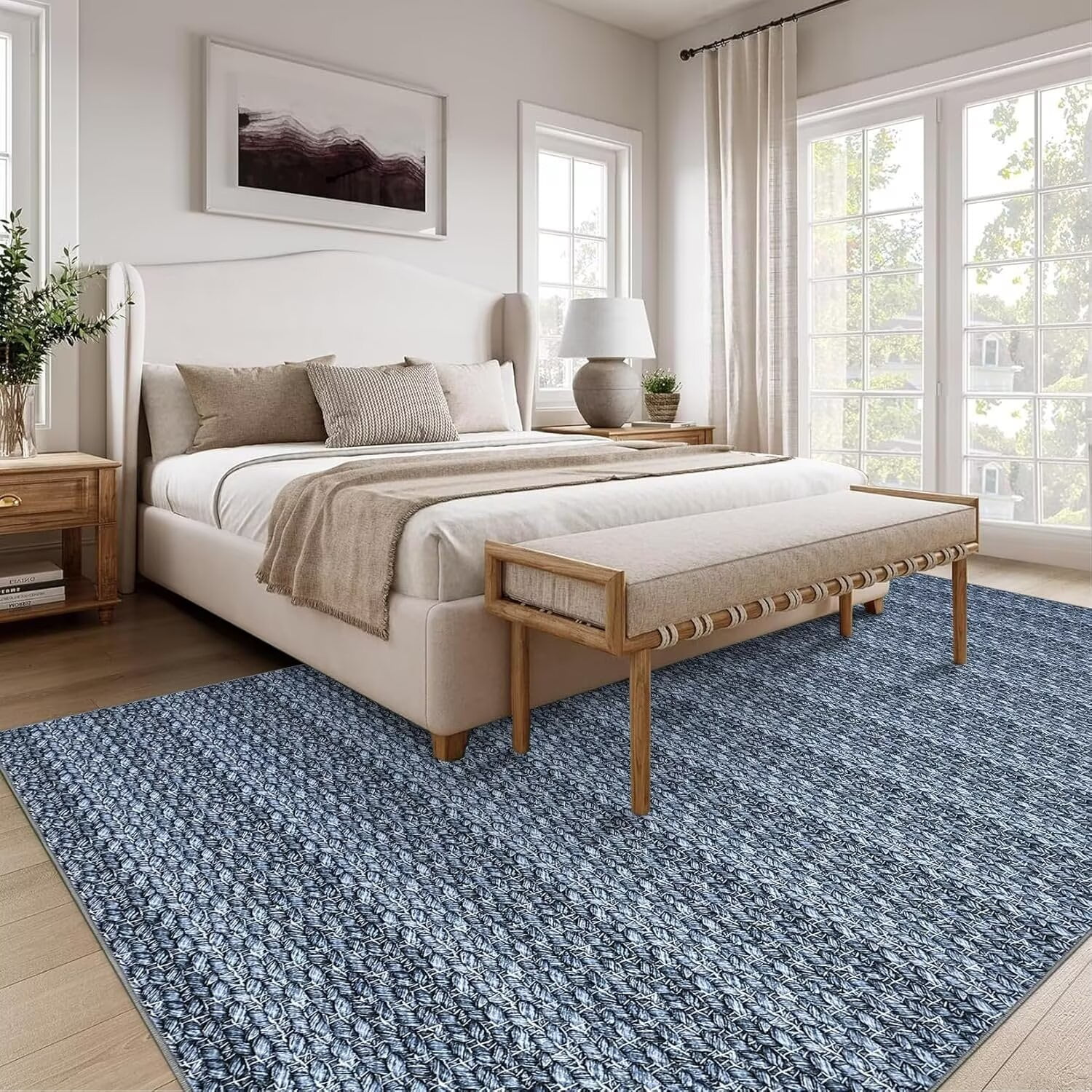 Hasoo Area Rug 9' x 12' Rugs for Living Room Chic Imitation Braided Print Soft Velvet Rug Non Slip Carpet for Bedroom, Navy