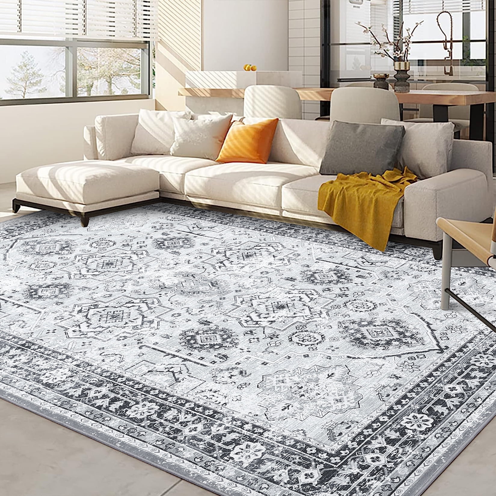 Gray Rectangular Washable Synthetic Area Rug 9' x 12'