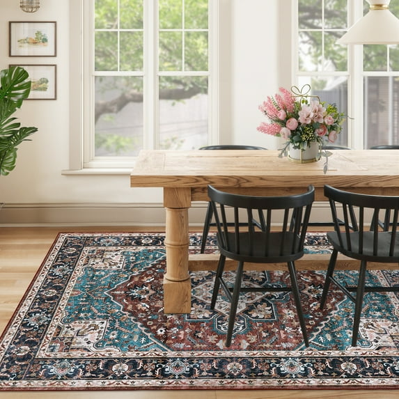 Hasoo Area Rug 9' x 12' Vintage Distressed Medallion Floral Area Rug for Living Room Washable Soft Indoor Floor Carpet, Brown