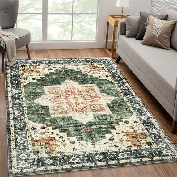 Hasoo Area Rug 9' x 12' Vintage Persian Rug Indoor Medallion Distressed Carpet Washable Rug Non-Shedding Non-Slip Rug for Living Room Bedroom, Green