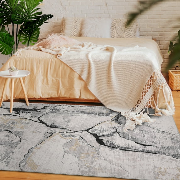 Hasoo Area Rug 9' x 12' Washable Rugs for Dining Room Abstract Marble Carpet Boho Soft Rug, Gray