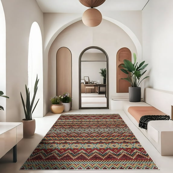 Hasoo Area Rug for Living Room 5' x 7' Washable Modern Red Geometric Rug Home Decor Indoor Carpet