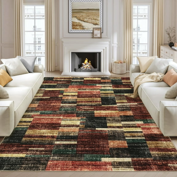 Hasoo Area Rug for Living Room 5' x 7' Washable Modern Red Plaid Geometric Bordered Rug Home Decor Indoor Carpet