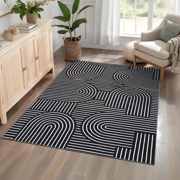 Hasoo Area Rug for Living Room 6' x 9' Washable Modern Geometric Rug with Black Rainbow Stripped Lines Home Decor Indoor Carpet