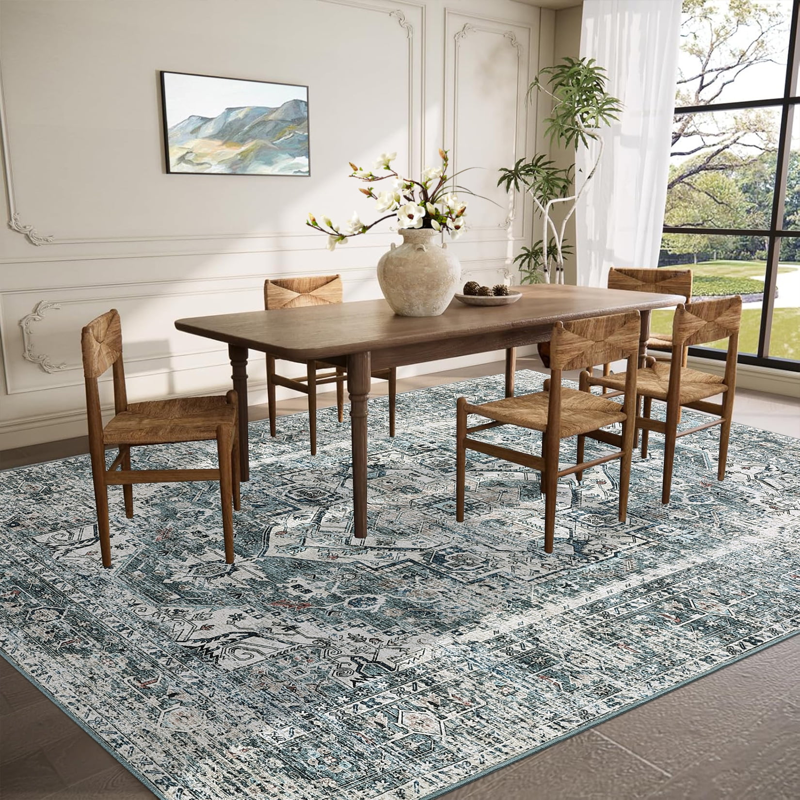 Hasoo Area Rug for Living Room 8' x 10' Vintage Carpet Machine Washable Rugs Bedroom Blue/Green