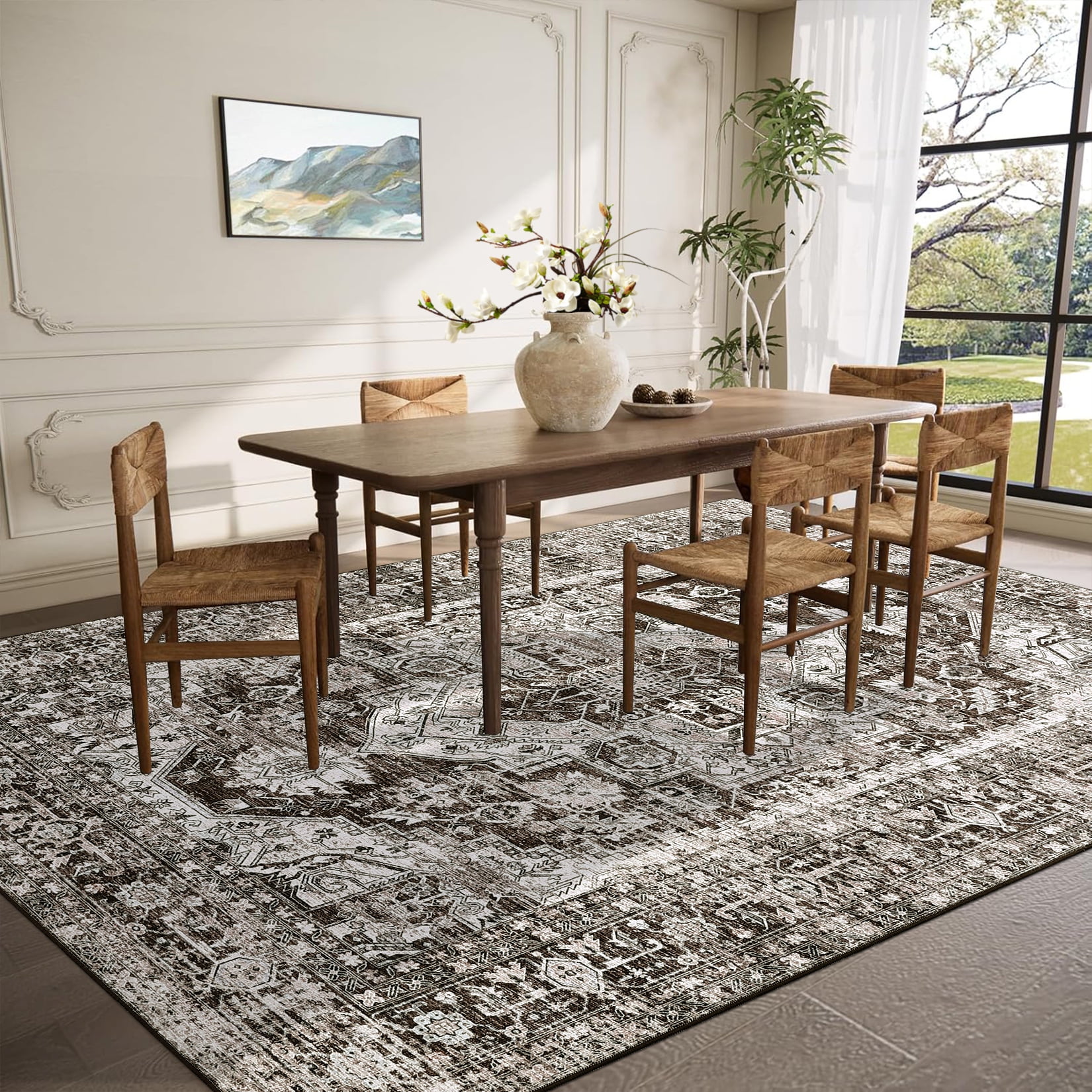 Hasoo Area Rug for Living Room 8' x 10' Vintage Carpet Machine Washable Rugs Bedroom Brown