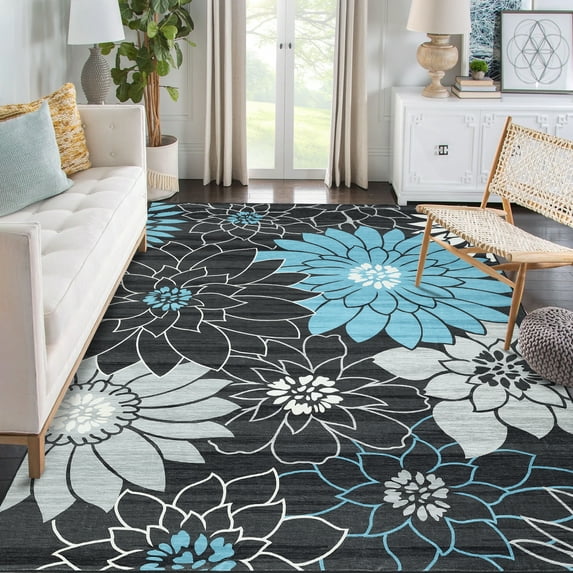 Hasoo Area Rug for Living Room 8' x 10' Vintage Floral Carpet Traditional Rug Non-Slip Foldable Indoor Rug for Bedroom Kitchen Area Rug Dark Gray