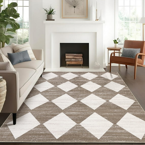 Hasoo Area Rug for Living Room 8x10 Distressed Washable Indoor Rugs Geometric Carpet for Bedroom, White Brown