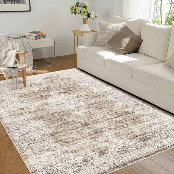 Hasoo Area Rug for Living Room Vintage Non Slip Throw Rugs Floral Bedroom Rug, Light Brown 8' x 10'