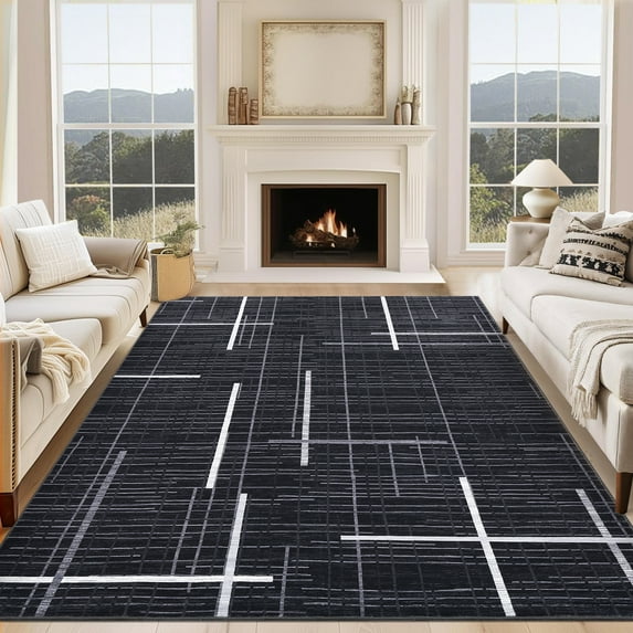 Hasoo Area Rug for Living Room Washable 10x13ft Rug Geometric Grid Rug for Bedroom Dining Room Modern Indoor Carpet Black
