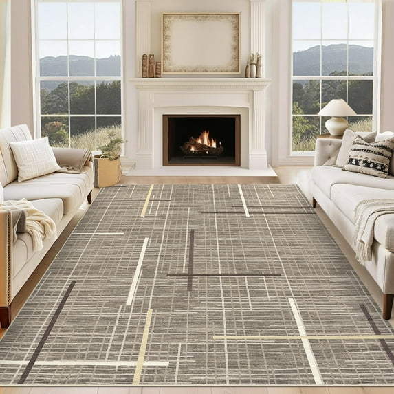 Hasoo Area Rug for Living Room Washable 5x7ft Rug Geometric Grid Rug for Bedroom Dining Room Modern Indoor Carpet Brown