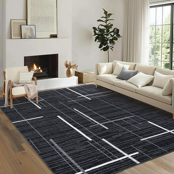 Hasoo Area Rug for Living Room Washable 8x10ft Rug Geometric Grid Rug for Bedroom Dining Room Modern Indoor Carpet Black
