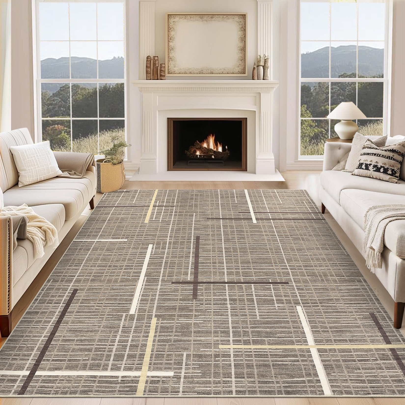 Hasoo Area Rug for Living Room Washable 9x12ft Rug Geometric Grid Rug for Bedroom Dining Room Modern Indoor Carpet Brown
