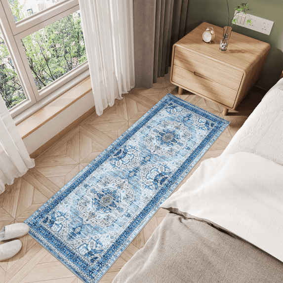 Hasoo Area Rugs 2' x 6' Runner Rugs for Living Room Boho Vintage Rugs Floral Bedroom Rugs, Blue