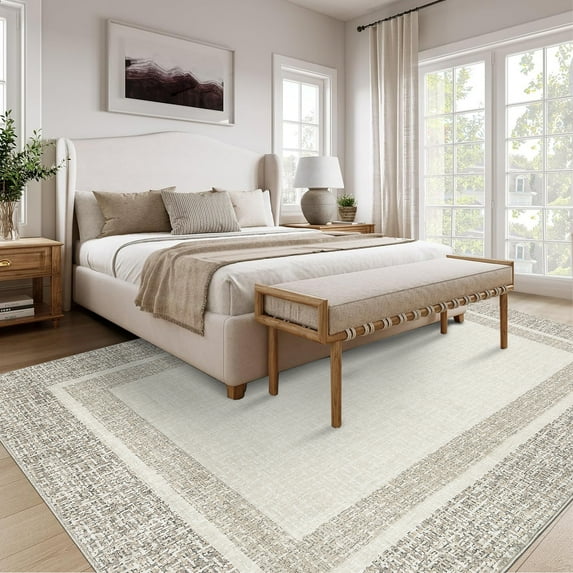 Hasoo Area Rugs for Living Room Washable 10x13 Rugs Chic Geometric Style Border Rug for Bedroom Dining Room Throw Indoor Carpet Beige