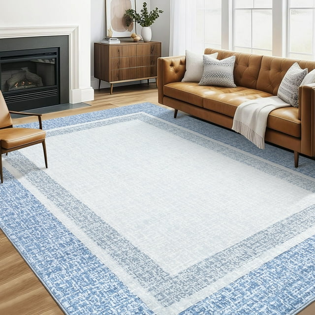 Hasoo Area Rugs for Living Room Washable 5x7 Rugs Chic Geometric Style Border Rug for Bedroom Dining Room Throw Indoor Carpet Blue