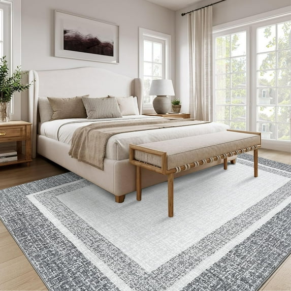 Hasoo Area Rugs for Living Room Washable 9x12 Rugs Chic Geometric Style Border Rug for Bedroom Dining Room Throw Indoor Carpet Gray