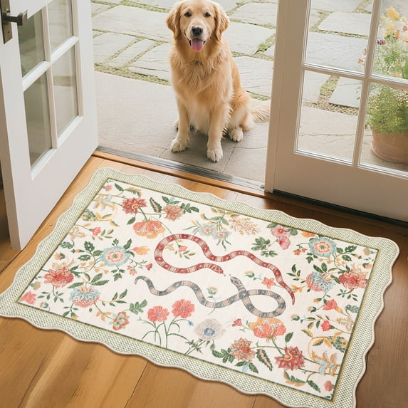 Hasoo Beige Scalloped Doormat 2x3 Non-Slip Washable Low Pile Floral Snake Print for Bathroom Indoor Throw Rug