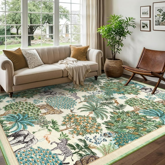Hasoo Beige Washable Area Rugs 8' x 10' Rug for Living Room Floral Modern Non Slip Throw Indoor Carpet