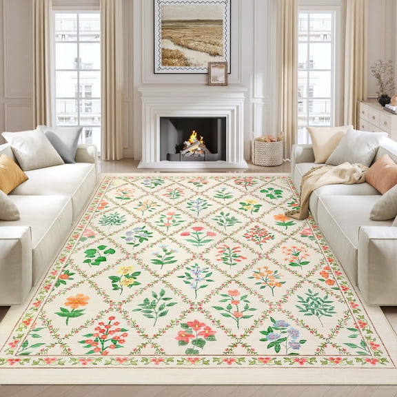 Hasoo Beige Washable Area Rugs 8' x 10' Rug for Living Room Floral Modern Trellis Non Slip Throw Indoor Carpet
