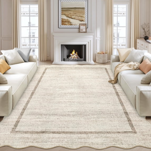 Hasoo Beige Wavy Border Area Rug for Dining Room Indoor Bedroom Soft Textured 8' x 10' Carpet Stain-Resistant