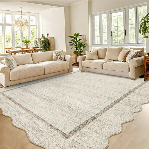 Hasoo Beige Wavy Border Area Rug for Living Room Indoor Bedroom Soft Textured 5' x 7' Carpet with Non-Slip Backing