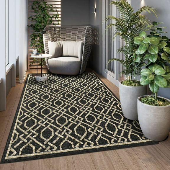 Hasoo Black Easy Cleaning Bohemian Area Rug 4' x 5'3" Textured Weave Indoor/Outdoor Rug for Porch