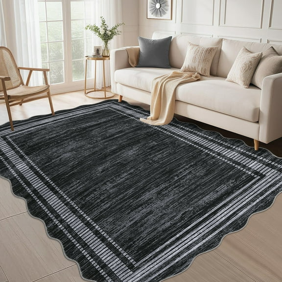 Hasoo Black Wavy Border Area Rug for Living Room Indoor Bedroom Soft Textured 5' x 7' Carpet with Non-Slip Backing