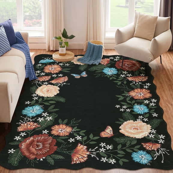 Hasoo Black Wavy Border Area Rug for Living Room Indoor Bedroom Soft Textured 5' x 7' Carpet with Non-Slip Backing
