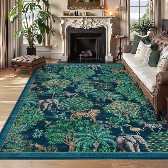 Hasoo Blue 10x13 Jungle Rugs for Living Room Washable Non Slip Forest Anmial Print Bedroom Indoor Modern Carpet