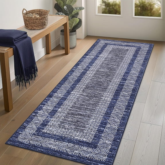 Hasoo Blue 2' x 6' Runner Rugs Washable Soft Modern Geometric Bordered Carpet Indoor Runners Rugs for Floor Hallway Bedside Entry Rug