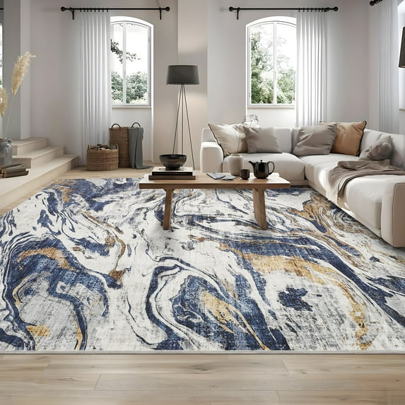 Hasoo Blue Area Rug 9' x 12' Rugs for Bedroom Washable Abstract Indoor Rug Carpet Soft Lightweight Foldable Nonslip Rug