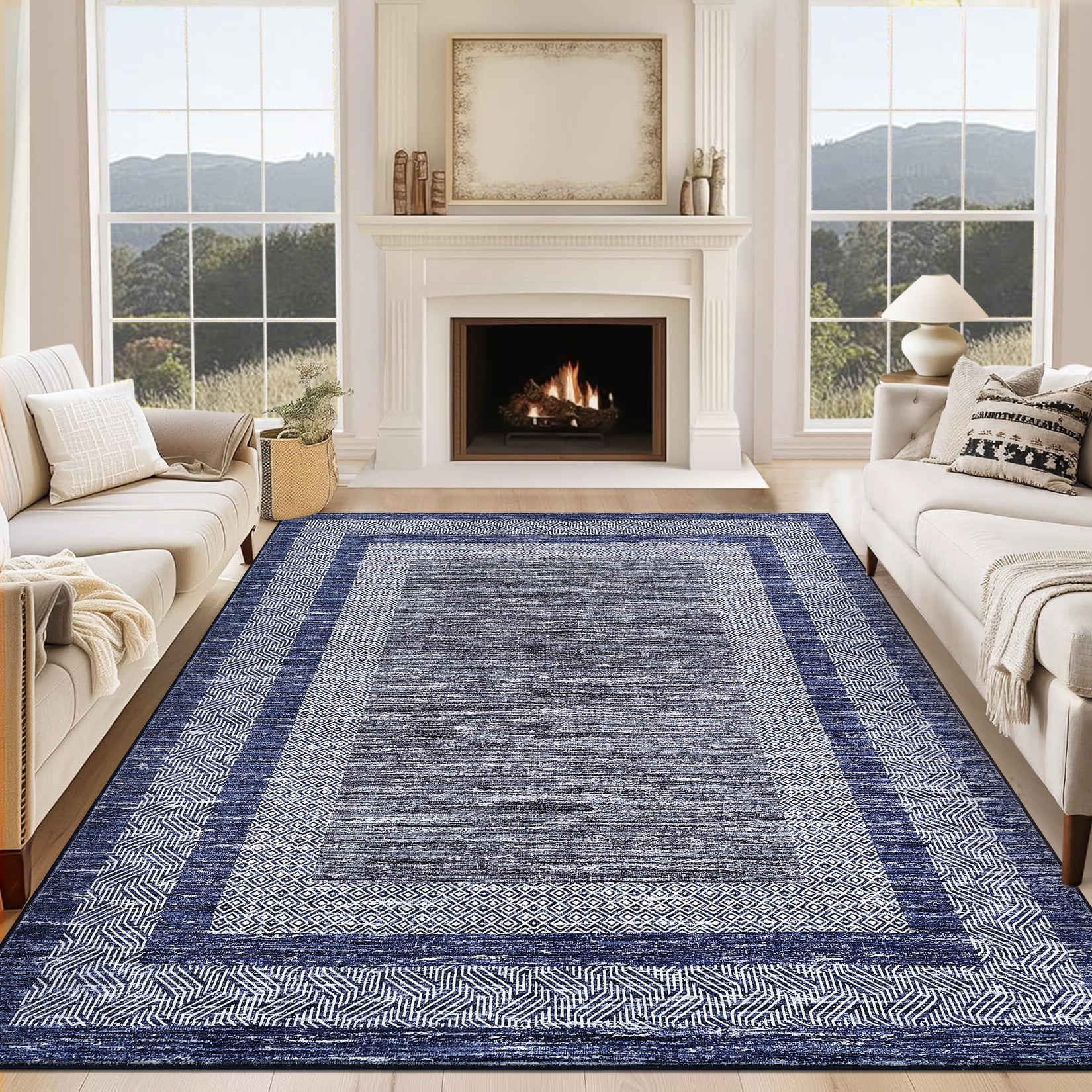 Hasoo Blue Area Rug 9' x 12' Rugs for Bedroom Washable Modern Geometric Bordered Indoor Rug Carpet Soft Lightweight Foldable Nonslip Rug