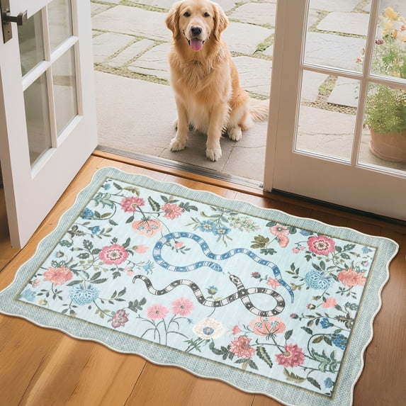 Hasoo Blue Scalloped Doormat 2x3 Non-Slip Washable Low Pile Floral Snake Print for Bathroom Indoor Throw Rug