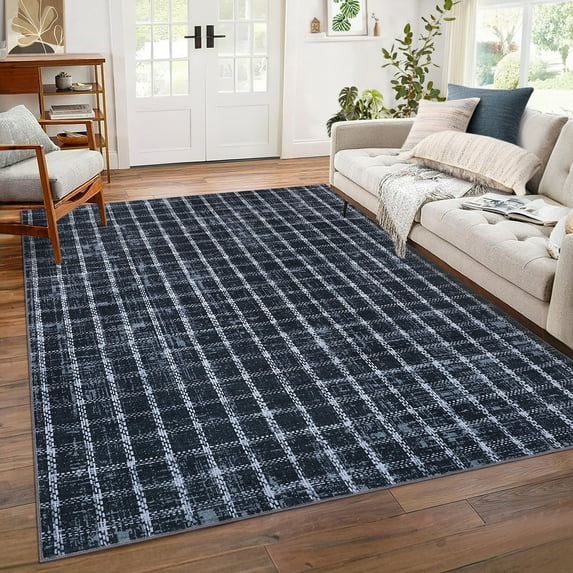 Hasoo Blue Washable Area Rugs 6' x 9' Rug for Living Room Checkered Geometric Modern Non Slip Throw Indoor Carpet