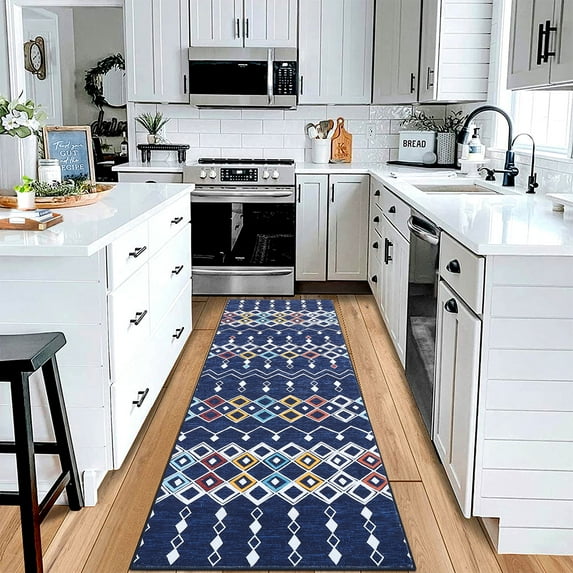 Hasoo Boho Runner Rug 2' x 6' Area Rug for Hallway Washable Indoor Blue Carpet Stain Resistant