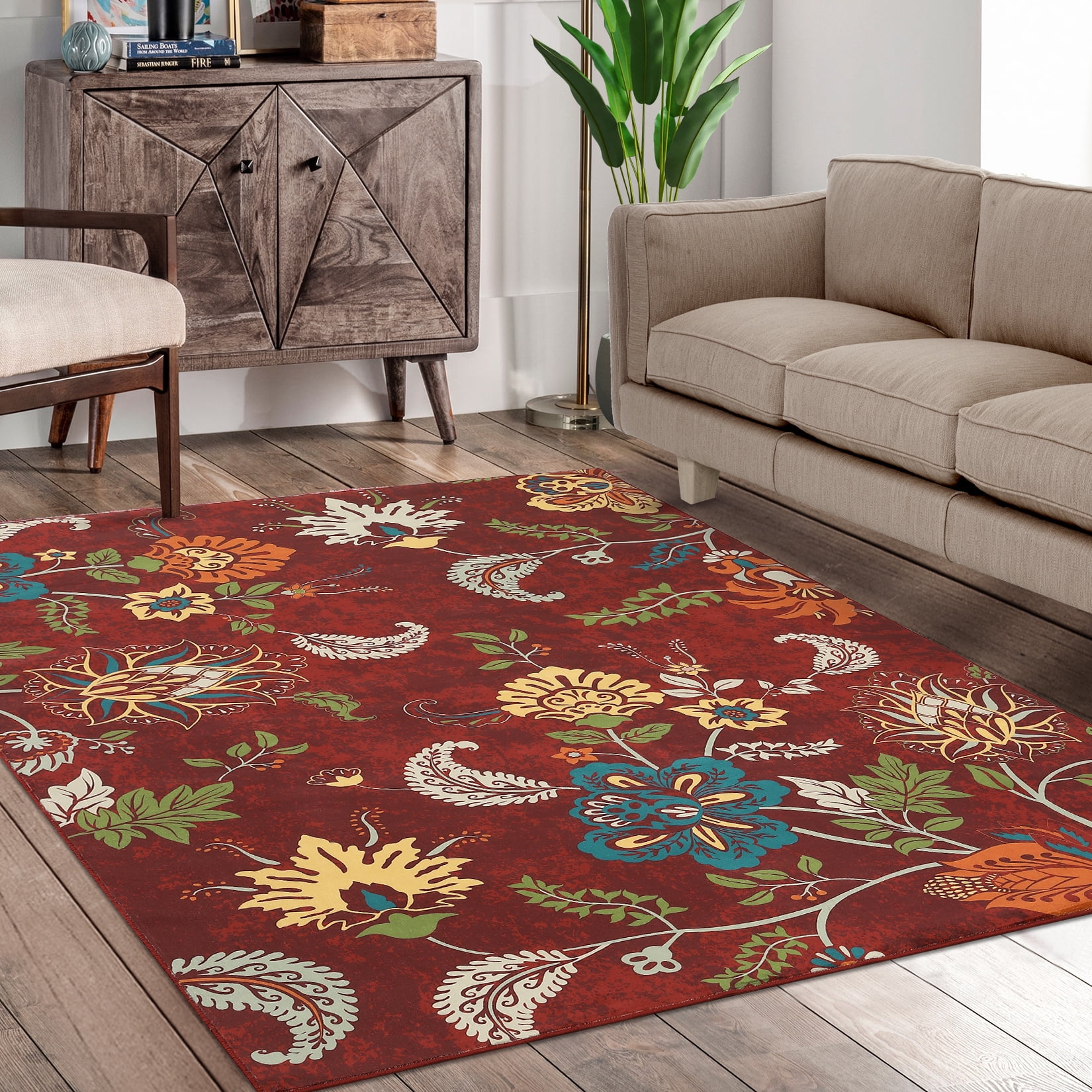 Draft Proof Rugs Hasoo Boho Washable Area Rug 3' x 5' Floral Rugs Non-Slip Stain ...