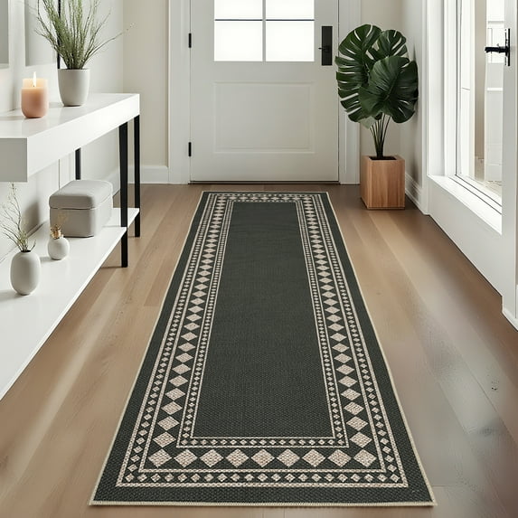 Hasoo Bordered Easy Jute Runner Rug 2x6 Kitchen Indoor Outdoor Entryway Non-Slip Washable Neutral Carpet for Front Door Porch, Black