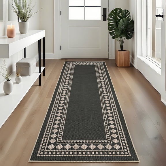 Hasoo Bordered Easy Jute Runner Rug 2x6 Kitchen Indoor Outdoor Entryway Non-Slip Washable Neutral Carpet for Front Door Porch, Black