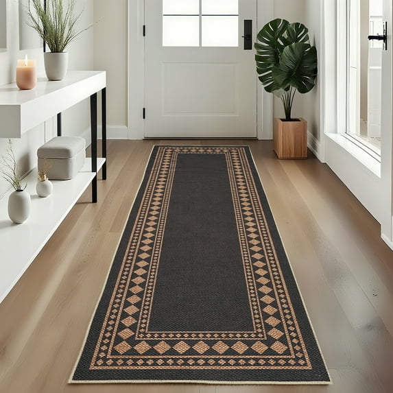 Hasoo Bordered Easy Jute Runner Rug 2x6 Kitchen Indoor Outdoor Entryway Non-Slip Washable Neutral Carpet for Front Door Porch, Brown/Black