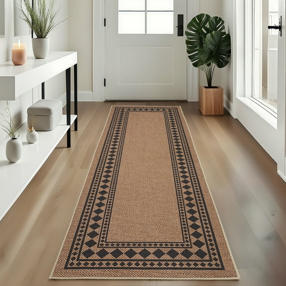 Hasoo Bordered Easy Jute Runner Rug 2x6 Kitchen Indoor Outdoor Entryway Non-Slip Washable Neutral Carpet for Front Door Porch, Brown