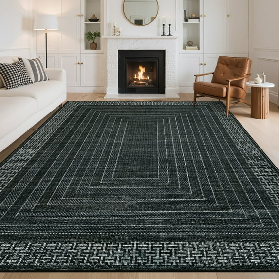 Hasoo Bordered Geometric Area Rug for Living Room Washable 5' x 7' Non Shedding Indoor Decor Carpet, Black
