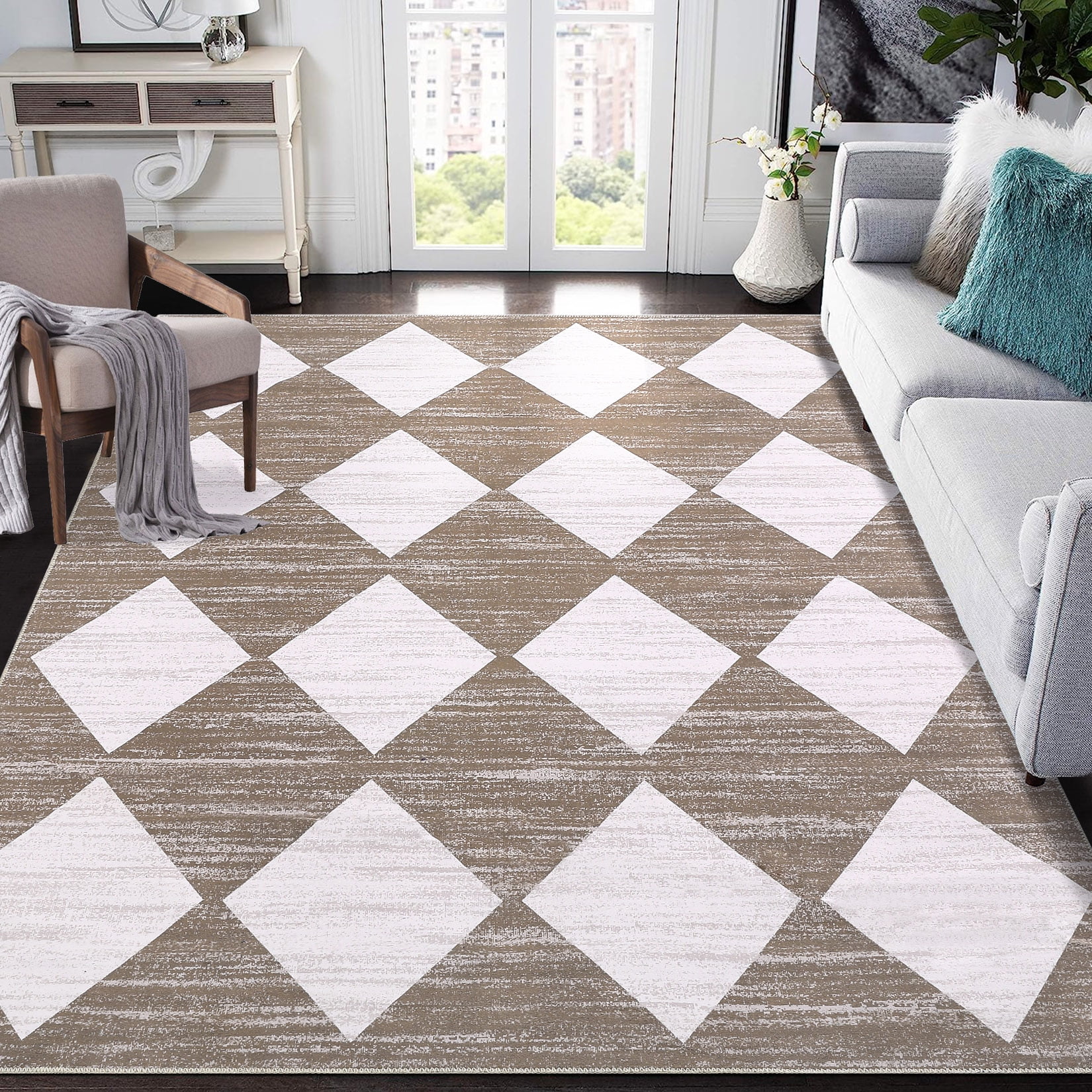 Hasoo Brown 9x12 Area Rug Geometric Rugs for Living Room Washable ...