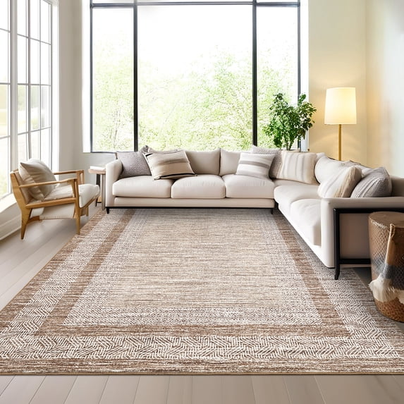 Hasoo Brown Area Rug 6' x 9' Rugs for Living Room Washable Rugs Modern Geometric Bordered Indoor Rug Carpet Soft Lightweight Foldable Nonslip Rug