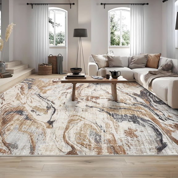 Hasoo Brown Area Rug 9' x 12' Rugs for Bedroom Washable Abstract Indoor Rug Carpet Soft Lightweight Foldable Nonslip Rug