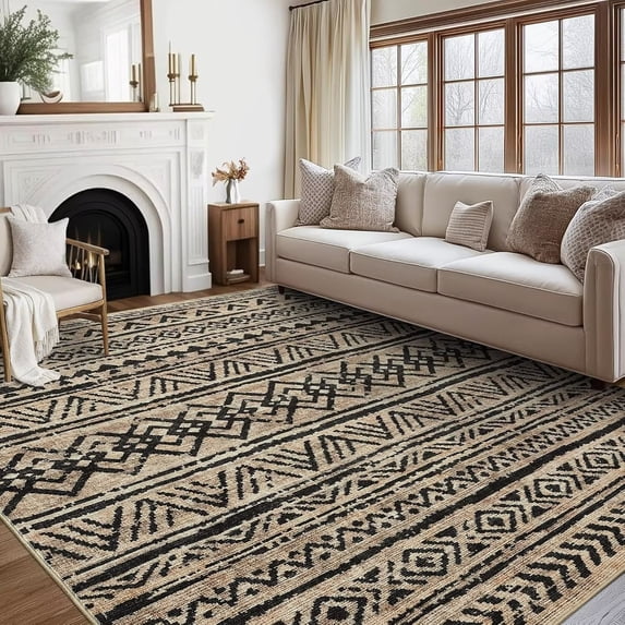 Hasoo Brown/Black Rugs for Living Room Washable 10x13 Area Rugs Moroccan Style Carpet Boho Bedroom Dining Room Throw Indoor Carpet