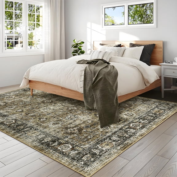 Hasoo Brown Washable Area Rugs 8' x 10' Rug for Living Room Floral Modern Non Slip Throw Indoor Carpet