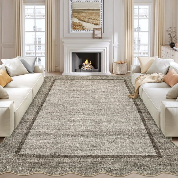 Hasoo Brown Wavy Border Area Rug for Dining Room Indoor Bedroom Soft Textured 8' x 10' Carpet Stain-Resistant